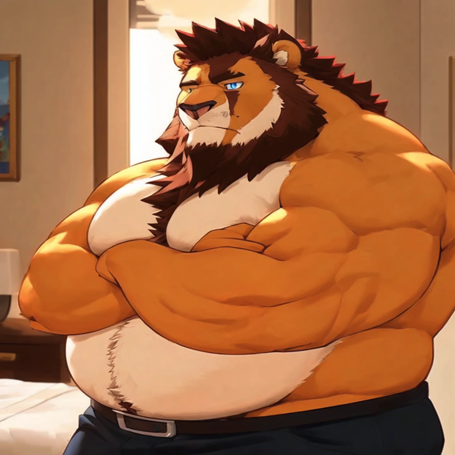 a closeup of a cartoon character with a lion on his chest, muscular werewolf, powerful and huge, well-built, pig bear man, fluffy chest, thick, hairy fluff on the neck and chest, hairy chest, Thick, muscular gigachad, exaggeratedly large physique, muscular character, supervisory winston, Making a majestic and hot pose, furry anime, SFW version