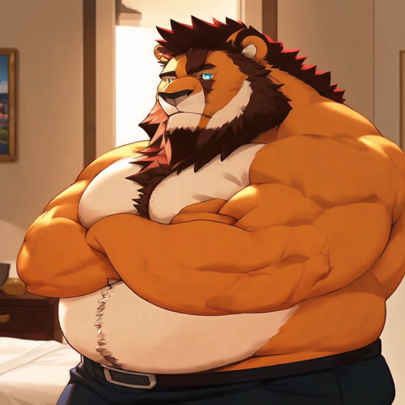 a closeup of a cartoon character with a lion on his chest, muscular werewolf, powerful and huge, well-built, pig bear man, fluffy chest, thick, hairy fluff on the neck and chest, hairy chest, Thick, muscular gigachad, exaggeratedly large physique, muscular character, supervisory winston, Making a majestic and hot pose, furry anime, SFW version