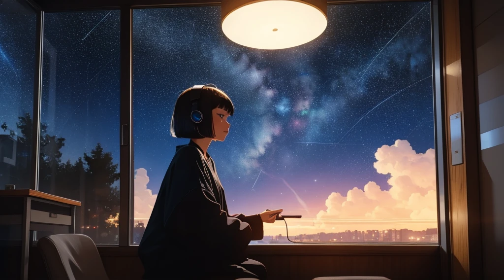 indoor, Wearing headphones, Studying in the room, Sit by the window, Contemplative posture, Look at the stars, head stuck to glass, landscape passing by at high speed, night travel, Beautiful starry sky, a beautiful girl with, bob cut,Bangs, Ultra HD Portraits, (high quality) (Super detailed) Looking at the audience dressed in hip-hop style streetwear; different, Colorful,