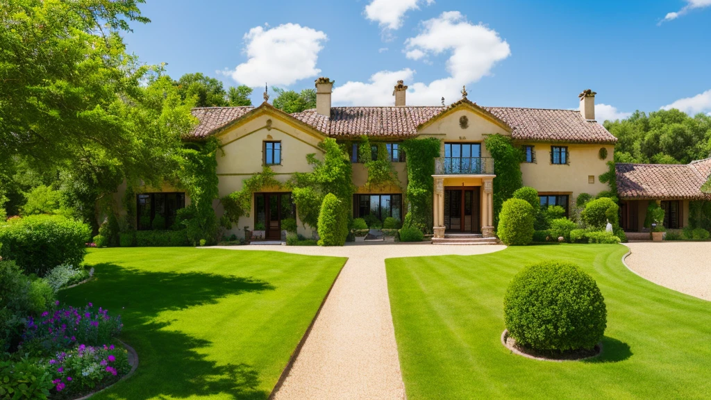 Luxurious country house with garden, Mexican style on a striking summer day with blue sky. nature, Beautiful residential area house. Real Estate Properties. - High Resolution Image