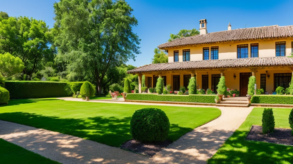 Luxurious country house with garden, Mexican style on a striking summer day with blue sky. nature, Beautiful residential area house. Real Estate Properties. - High Resolution Image
