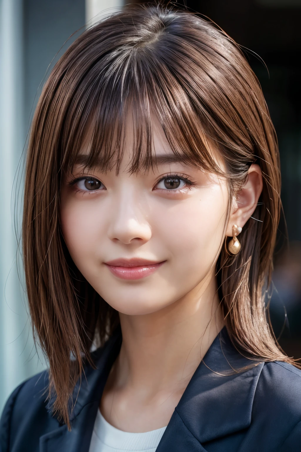 Upper Body、Beauty、Well-formed face、20-year-old、Uniform eyes、Small face、, light brown hair, hair over shoulder, parted bangs, straight hair, expressive hair, shiny hair, earrings, seductive smile, Surrealism, cinematic lighting, first-person view, pov, f/1.2, Nikon, UHD, textured skin, best quality, highres, 8k