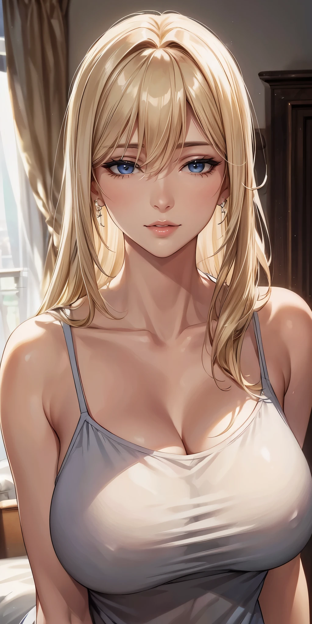 Realistic, Elegant mature woman, blue eyes, blonde hair, soft light, high detailed, 4k resolution, high quality, beautiful cg