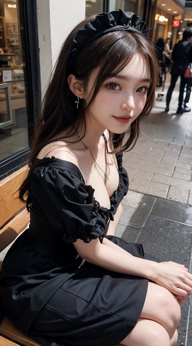 Top-quality Realistic,Official art,Highly detailed CG Unity 8k wallpaper,ultra-detailliert,hight resolution,Physically-based rendering,Magnificat,finely detail,masterpiece,Best Quality,ultra detailed, Face Light,Mature beauty,Beautiful girl,1girl,moist lips,sexy lips,Sexy smile,Gentle smile, 20 years old, Beautiful bare skin,Smooth bare skin,(Beautiful and radiant skin), big well-shaped breasts, beautiful cleavage,beautiful Mature body,swept bangs,(Medium hair:1.3), beautiful detailed eyes,model shoot style,Japanese Idol, Half-body,(In the Shopping mall:1.2),((sitting on the bench seat Near the entrance)),BREAK,nsfw,((Bondage Gothic Maid:1.3)),BREAK,(Heart shaped necklace),(Triangle ornament earrings),BREAK, (gentle smile like a goddess),looking at the camera,shoot from above,seductively posing,(Extreme close-up),