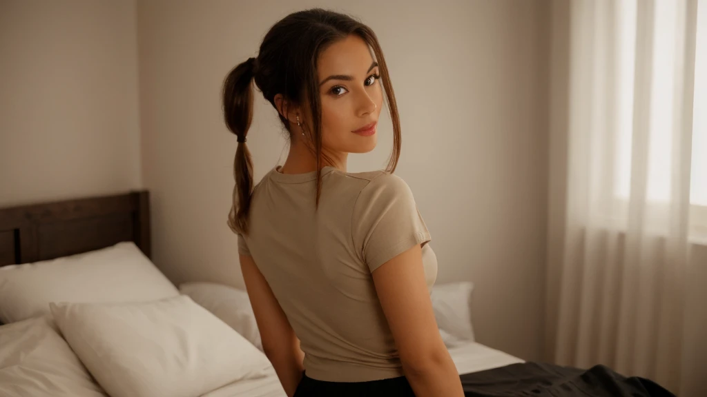 brown short ponytails, brown eyes, tee shirt, skirt, gamer bedroom, strikes sexy poses, sexy ass,  and looks flirtatious, ultra-detailed human face, amazing fine detail, Canon 5DM4, film stock photograph, f1.6 lens, lifelike texture, lighting, dynamic composition, unreal engine, photorealist, real life,  