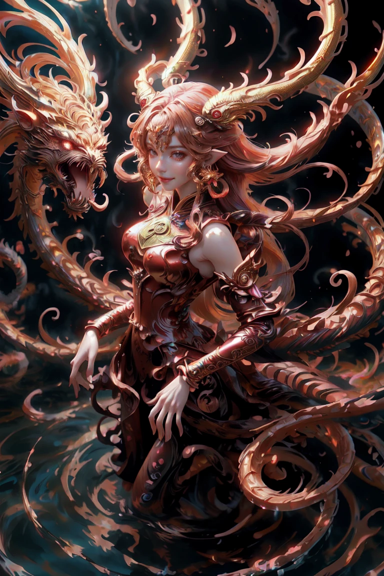 anime with long hair and red dress standing in the water with a big golden dragon, 4K anime art wallpaper, 8K anime art wallpaper, anime fantasy artwork, 4k fantasy artwork, 坏蛋动漫8 K, epic anime art, detailed art of onmyoji, anime fantasy illustration, inspired by Naomi, 4K anime-style, gold accents