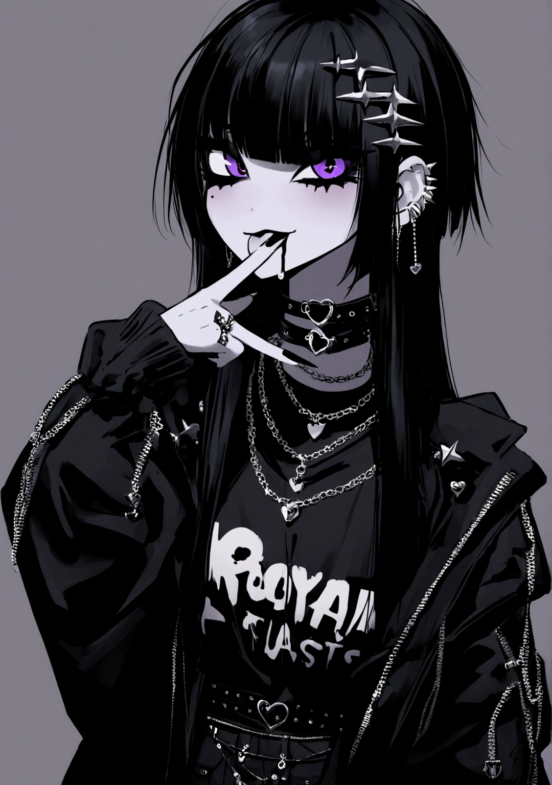 dark broody traditional japanese emo female geisha drooling black ink skinhead, hairgoth, emo goth spikey fashion shoot editorial style, Hypebeast ultra fast fashion gang signs with goth emo accessories