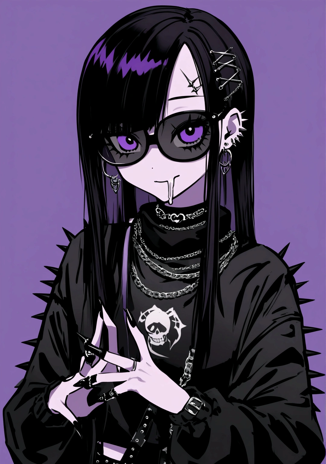 dark broody traditional japanese emo female geisha drooling black ink skinhead, hairgoth, emo goth spikey fashion shoot editorial style, Hypebeast ultra fast fashion gang signs with goth emo accessories