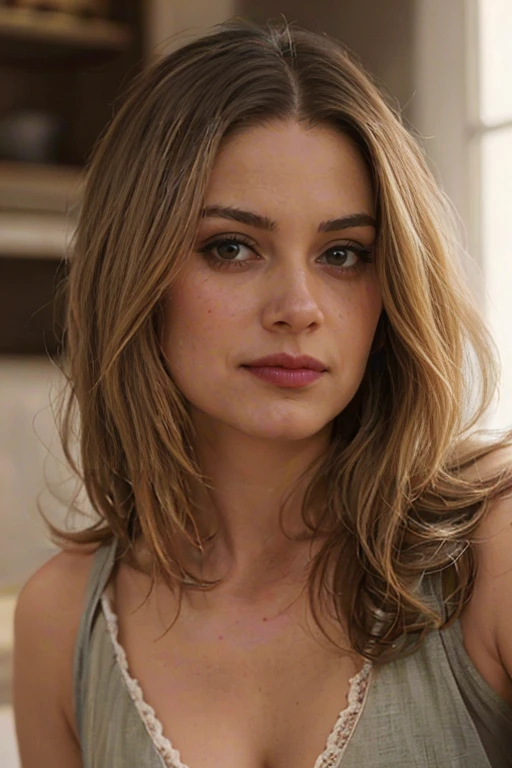 femme avec de beaux yeux détaillés, (lumière détaillée), cheveux long, cheveux blond foncé, séduisante dans son regard, mignonne, Passionnante, pommettes rouges, lèvres pulpeuses realistes, faire, gros plan, visage découvert, jeune, 21 ans, yeux vert avec une touche de marron a l'interieure, petit grain de beauté en dessous de l'œil gauche, maquillée légèrement.