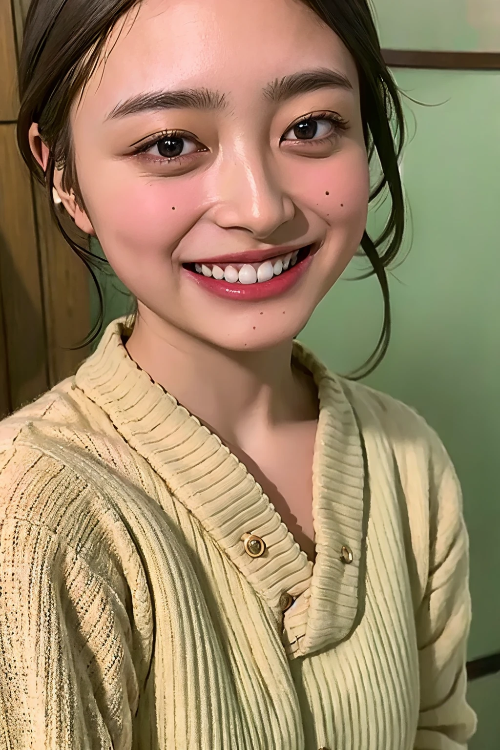 (((upper body shot))),((((Nude)))),(((nipples))),Ultra-high resolution,big eyes,Japanese,(a girl),(1 girl),pretty,grin