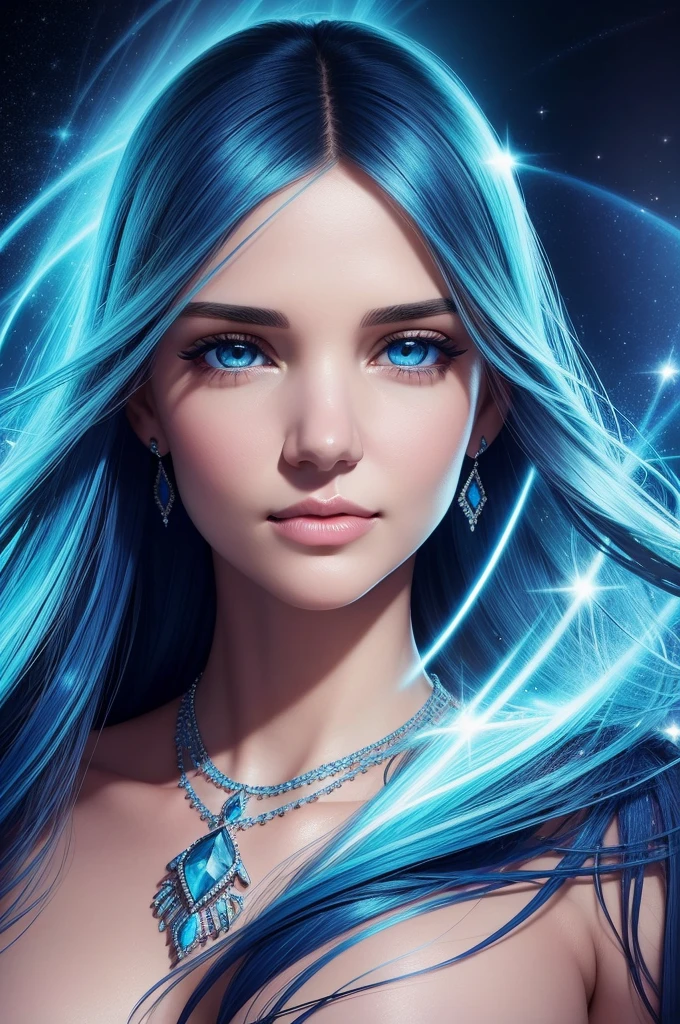 ultra detailed beautiful woman, Katie Holmes, 25 years-old woman, stunningly beautiful, stylish blue hair, blue dress, blue eyes, her whole head is visible with hair, blue jewel necklace, earrings, blue eyeshadow visible on her eyelids and eyeliner on her eyes, very long eyelashes, stuningly beautiful face, focus on face, holographic, light particles, ultra detailed illustration, hit definition, very bold and vivid colors, 32k resolution, best quality, volumetric lighting, “best quality”, “masterpiece", half of her body is visible, top of her dress is visible, ultra realistic, high-quality detail