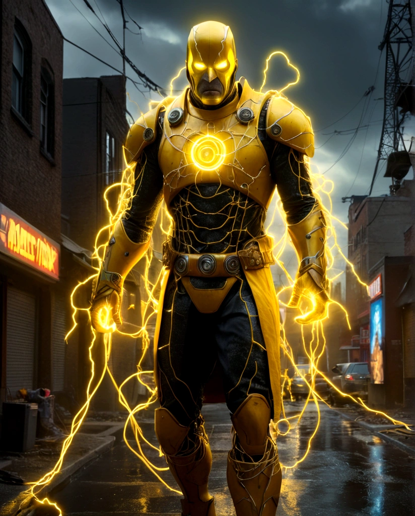 (extremely detailed 8k wallpaper), a medium shot photo of scary Grim dressed as a yellow electricity-man in an armour made of yellow glowing wires from marvel, theme, intricate, high detail, dramatic, old scary city with an electricity storm in the background