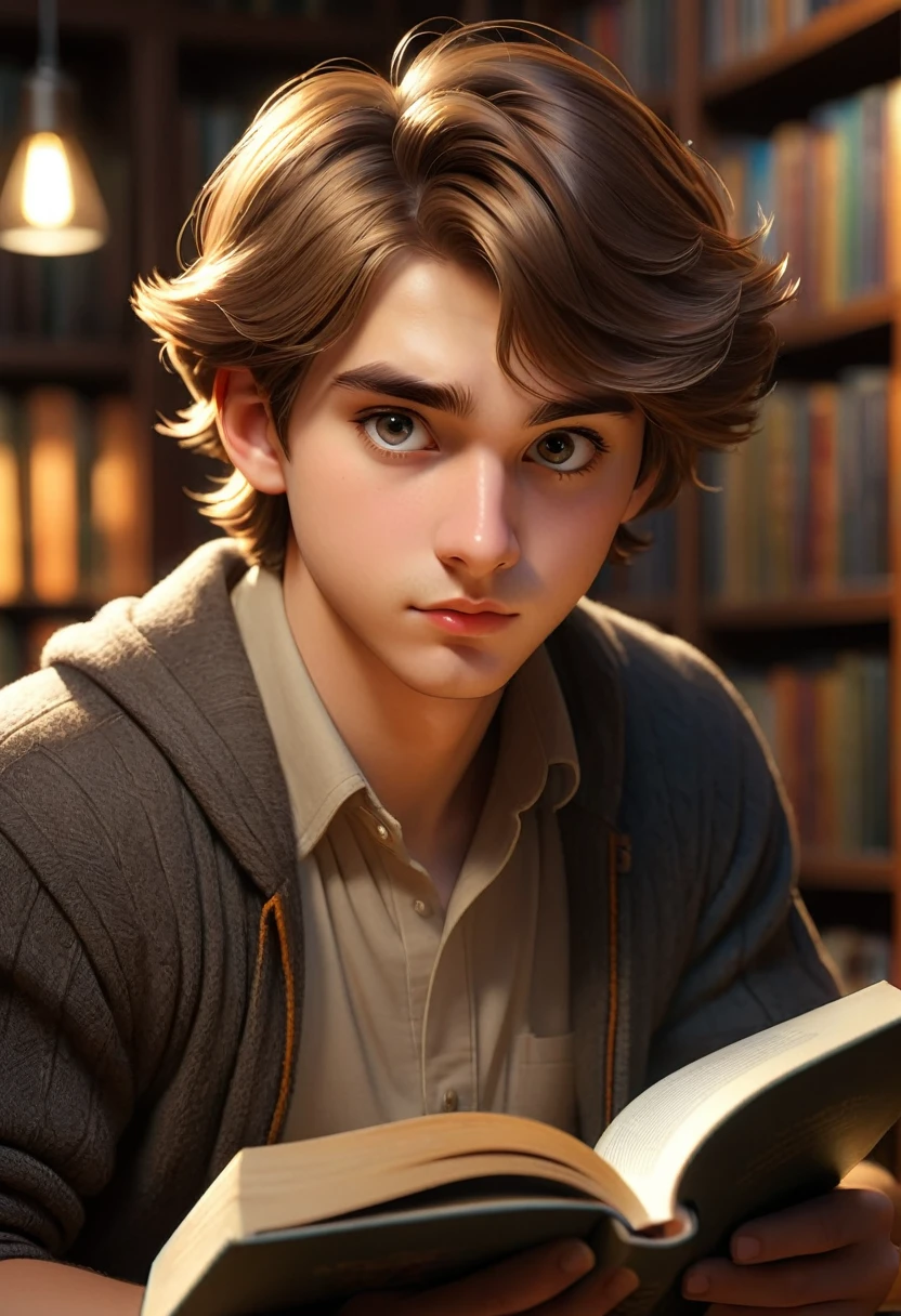 a studious male, shor hair student devouring a book while reading it with satisfaction in the library, detailed portrait of the student's face, beautiful detailed eyes, beautiful detailed book, extremely detailed eyes and face, concentrated expression, warm lighting, photorealistic, 4k, high resolution, hyperrealistic, incredibly detailed, masterpiece, studio lighting, physically-based rendering, portrait, dramatic lighting, warm colors, cozy atmosphere