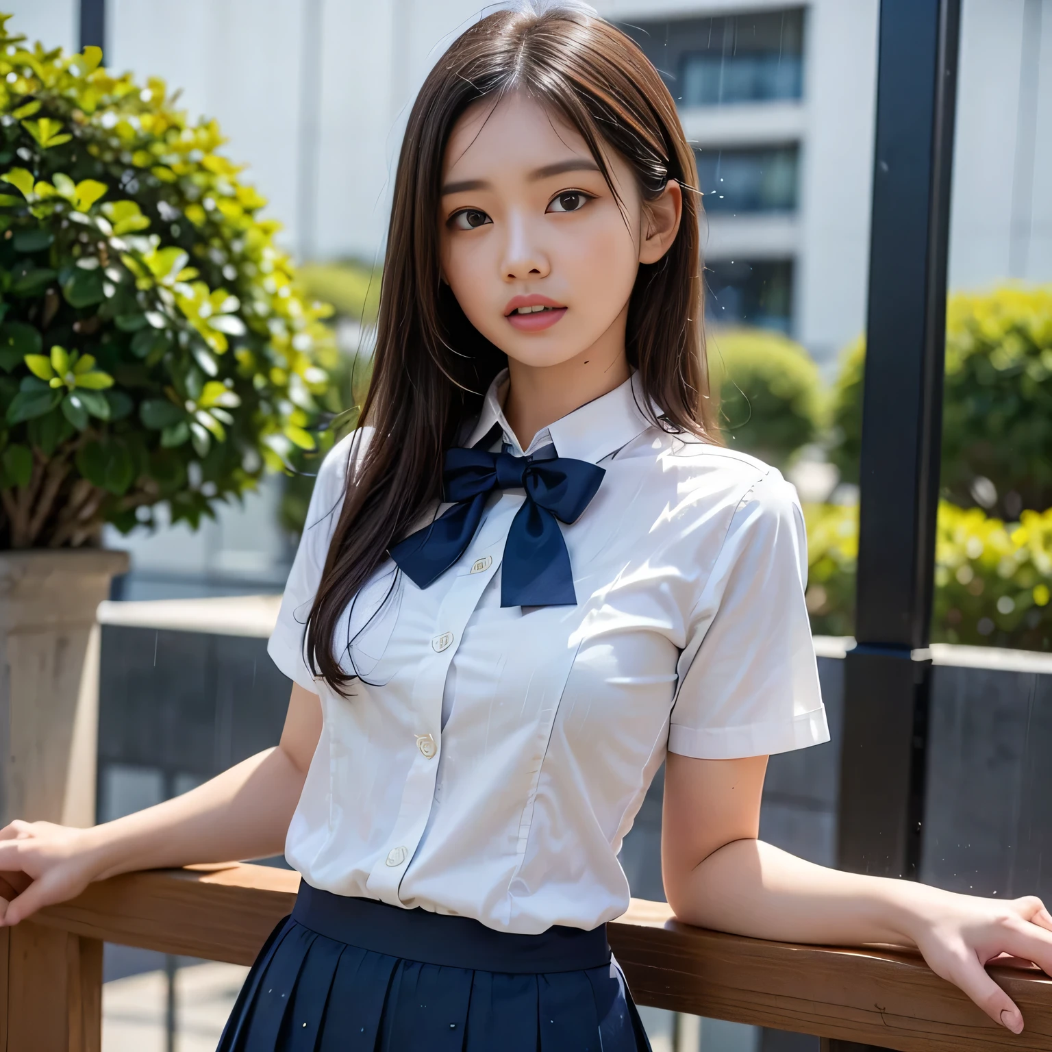 (high quality), (Realistic photos)、1 Japanese male、1 high school girl、No audience、((Rainfall:1.5))、((Rain-soaked hair:1.4))、((A confused high school girl and a Japanese man trying to talk to her:1.4)) 、((A long-haired high school girl wearing a Japanese uniform:1.4))、((Photographed from the front:1.4))、((A high school girl wearing a dark blue bow tie:1.4))、blush、Cleft lip、Looking at the audience、Semi Body Shot、(National High School Designated Shoes)、(High school girl in a navy blue short pleated skirt:1.5)、(Female high school student wearing a short-sleeved white shirt)、 (High school girl wearing a dark blue bow tie:1.2)、(((High School Girl Uniform 1.4)))、(((White short sleeve low cut button front shirt、Dark blue ribbon:1.5)))、((White shirt:1.4))、((Ultra micro mini dark blue pleated skirt)) 、((whiteＴJapanese man wearing a shirt and denim pants:1.4))、((in a natural park:1.4))、Daytime、((A high school girl glares at a Japanese man:1.7))、((A high school girl wearing a navy blue pleated skirt:1.4))、((Medium-sized high school girl:1.4))、((A high school girl with a confused expression:1.4))、