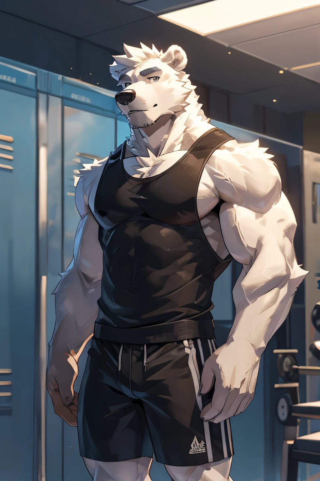 solo, male, polar bear, muscular, tall, slim, wearing_trunks, wearing_tank top, 3/4 view, fullbody, gym lockers