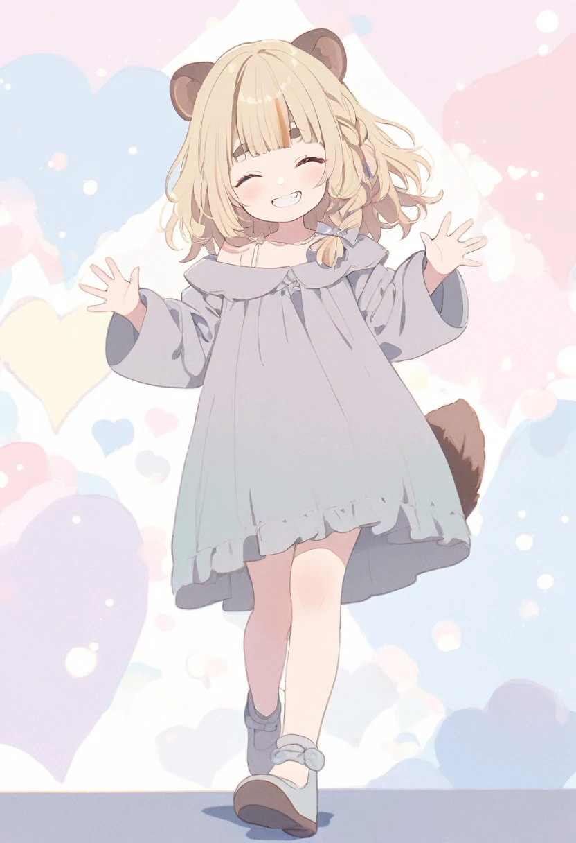 anime,(pale colors:1.8),long shot, 1girl, (on right:1.3), full body, solo, grin, smile, closed eyes, dynamic angle, walking, waving hands, fang, light yellow hair, racoon ears, racoon tail, (brown streaked hair:1.3), side braid, (blunt bangs), wavy hair,thick eyebrows, off shoulder clothes, cutout, heart background,