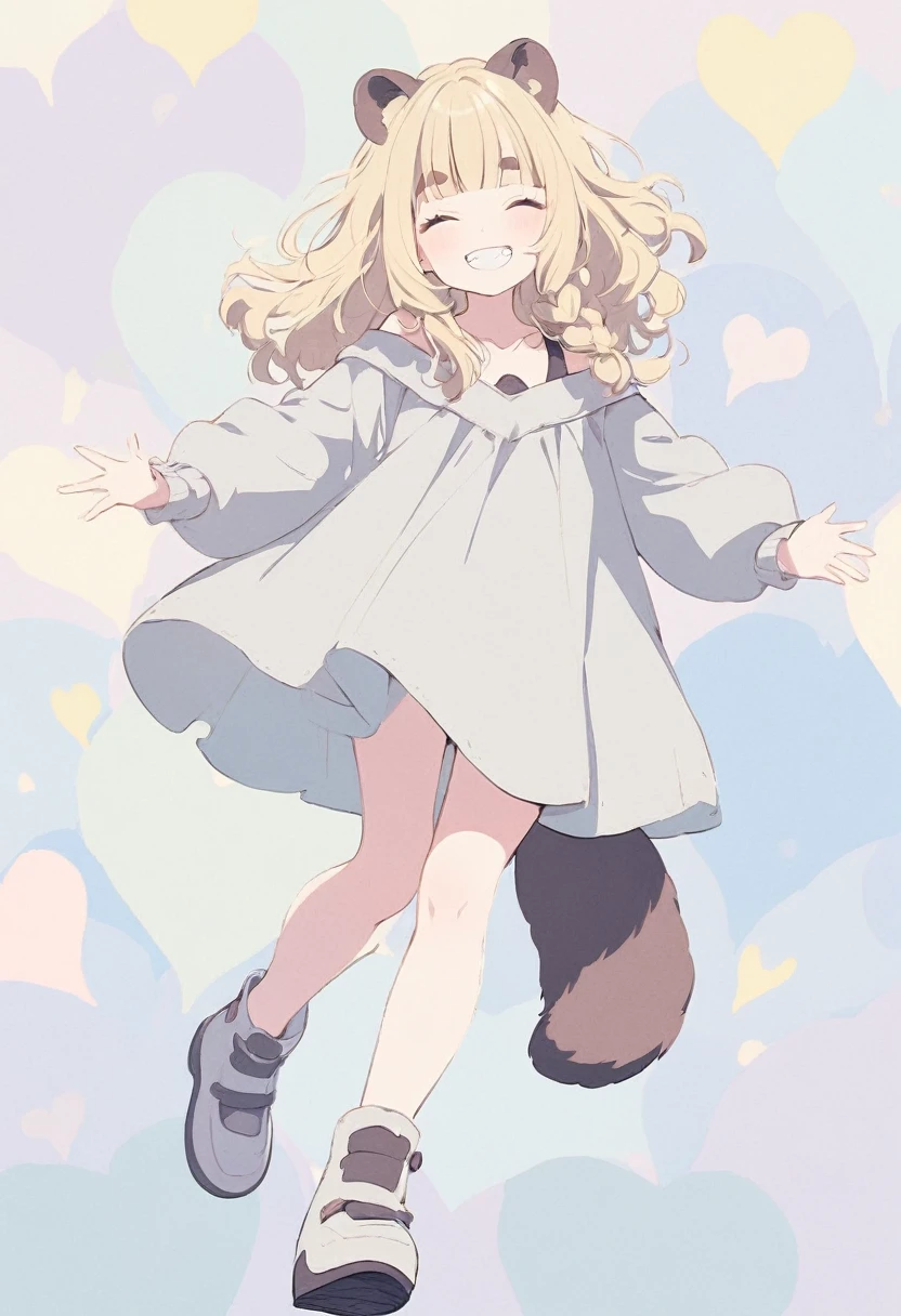 anime,(pale colors:1.8),long shot, 1girl, (on right:1.3), full body, solo, grin, smile, closed eyes, dynamic angle, walking, waving hands, fang, light yellow hair, racoon ears, racoon tail, (brown streaked hair:1.3), side braid, (blunt bangs), wavy hair,thick eyebrows, off shoulder clothes, cutout, heart background, 