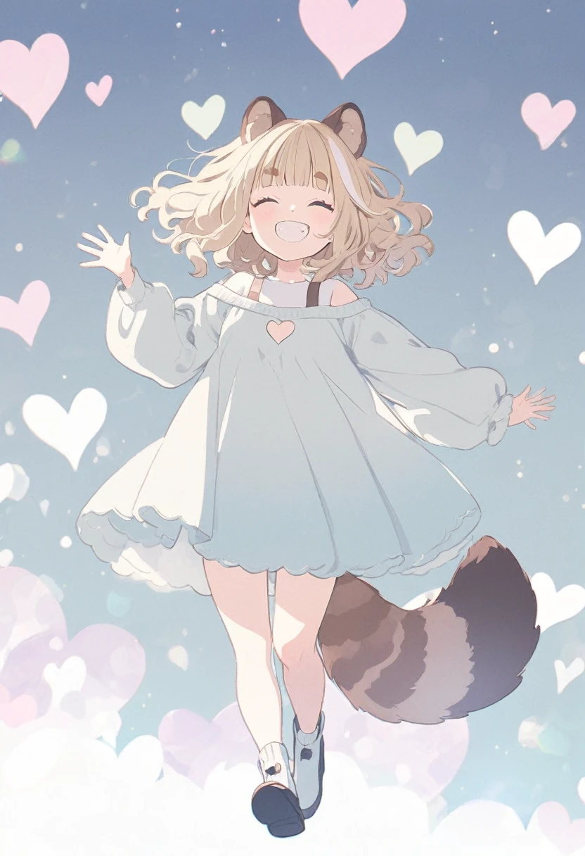 anime,(pale colors:1.8),long shot, 1girl, (on right:1.3), full body, solo, grin, smile, closed eyes, dynamic angle, walking, waving hands, fang, light yellow hair, racoon ears, racoon tail, (brown streaked hair:1.3), side braid, (blunt bangs), wavy hair,thick eyebrows, off shoulder clothes, cutout, heart background,