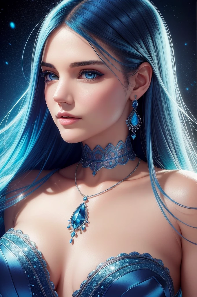 ultra detailed beautiful woman, Katie Holmes, 25 years-old woman, stunningly beautiful, stylish blue hair, blue dress, blue eyes, her whole head is visible with hair, blue jewel necklace, earrings, blue eyeshadow visible on her eyelids and eyeliner on her eyes, very long eyelashes, stuningly beautiful face, focus on face, holographic, light particles, ultra detailed illustration, hit definition, very bold and vivid colors, 32k resolution, best quality, volumetric lighting, “best quality”, “masterpiece", half of her body is visible, top of her dress is visible, ultra realistic, high-quality detail