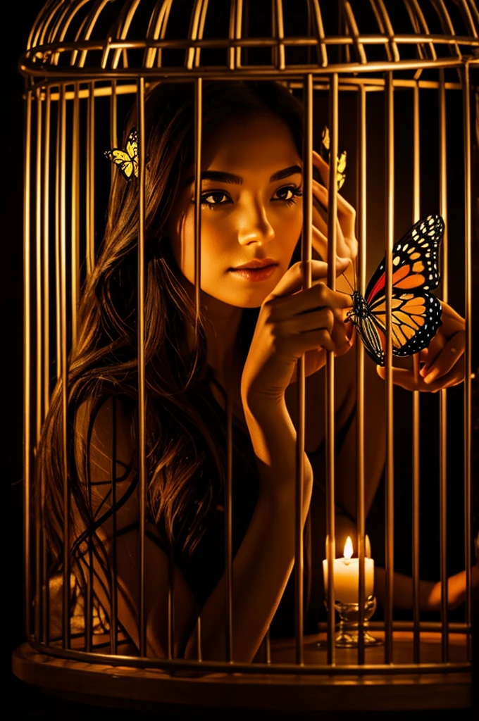 Woman locked in a cage with a butterfly in the dark
