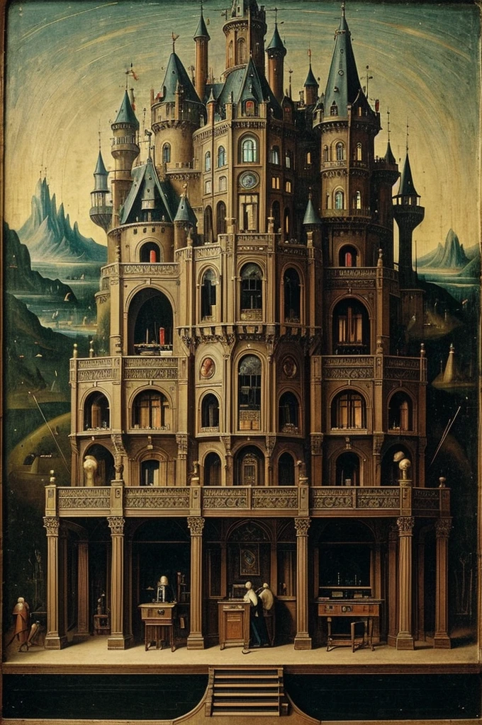 antique image of a very huge cabinet full of controls, gadgets, lights and wires and in front three men playing a synthesizer, with only one castle in the background, hieronymus bosch style, three men, huge console full of controls and wires, masterpiece