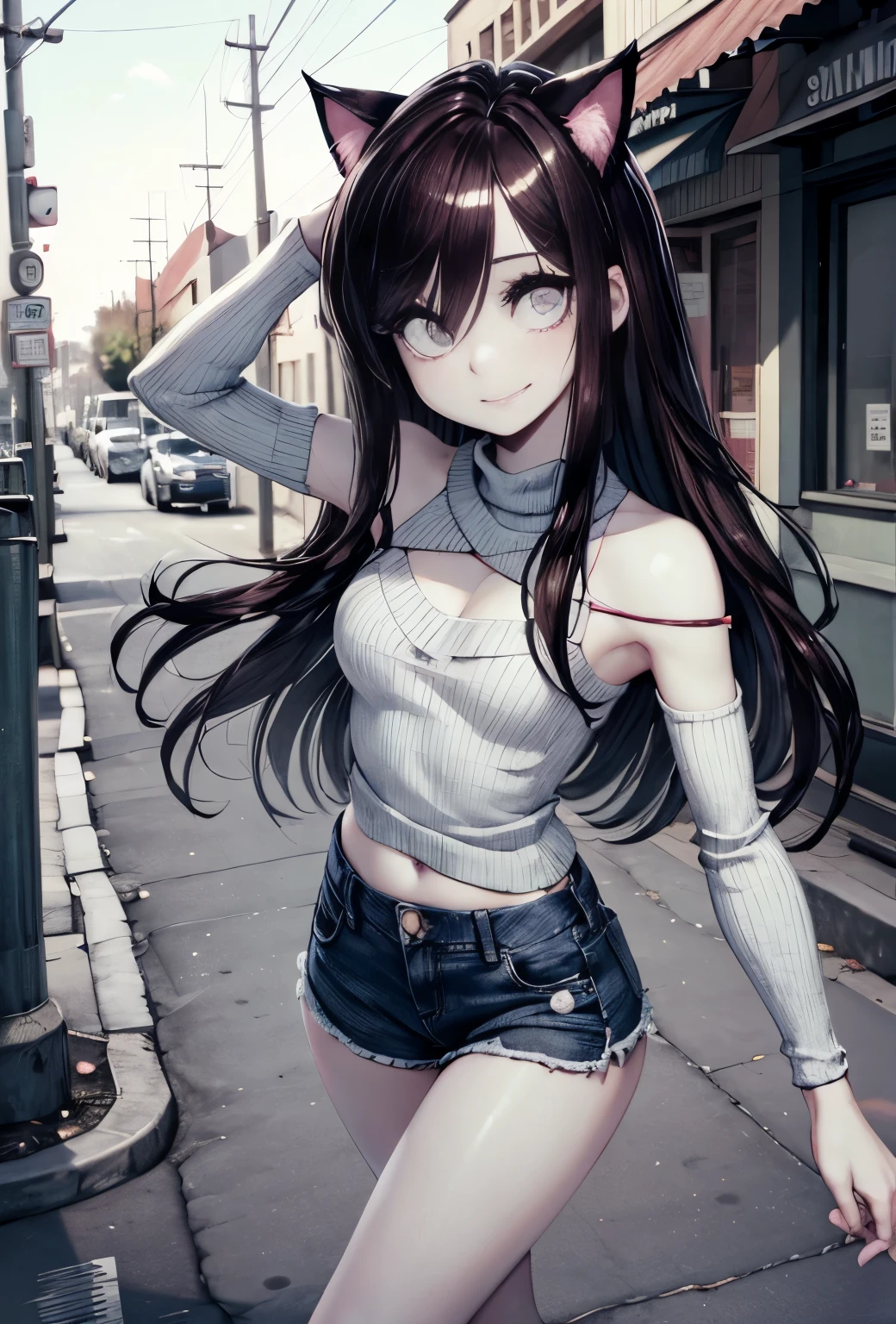 solo, sly smile, very long disheveled brown hair with a dark purple tint, Young girl, perfect brown eyes, expressive eyes, looking at viewer, 8k wallpaper, perfect lighting, masterpiece, (Beautiful small Breasts:1.2), (slender girl), bangs between the eyes, (on the street in small town:1.3), summer day, band on the head in the form of cat ears, denim low-waist microshort, loose cropped sweater with open shoulders, parororo, ariawm