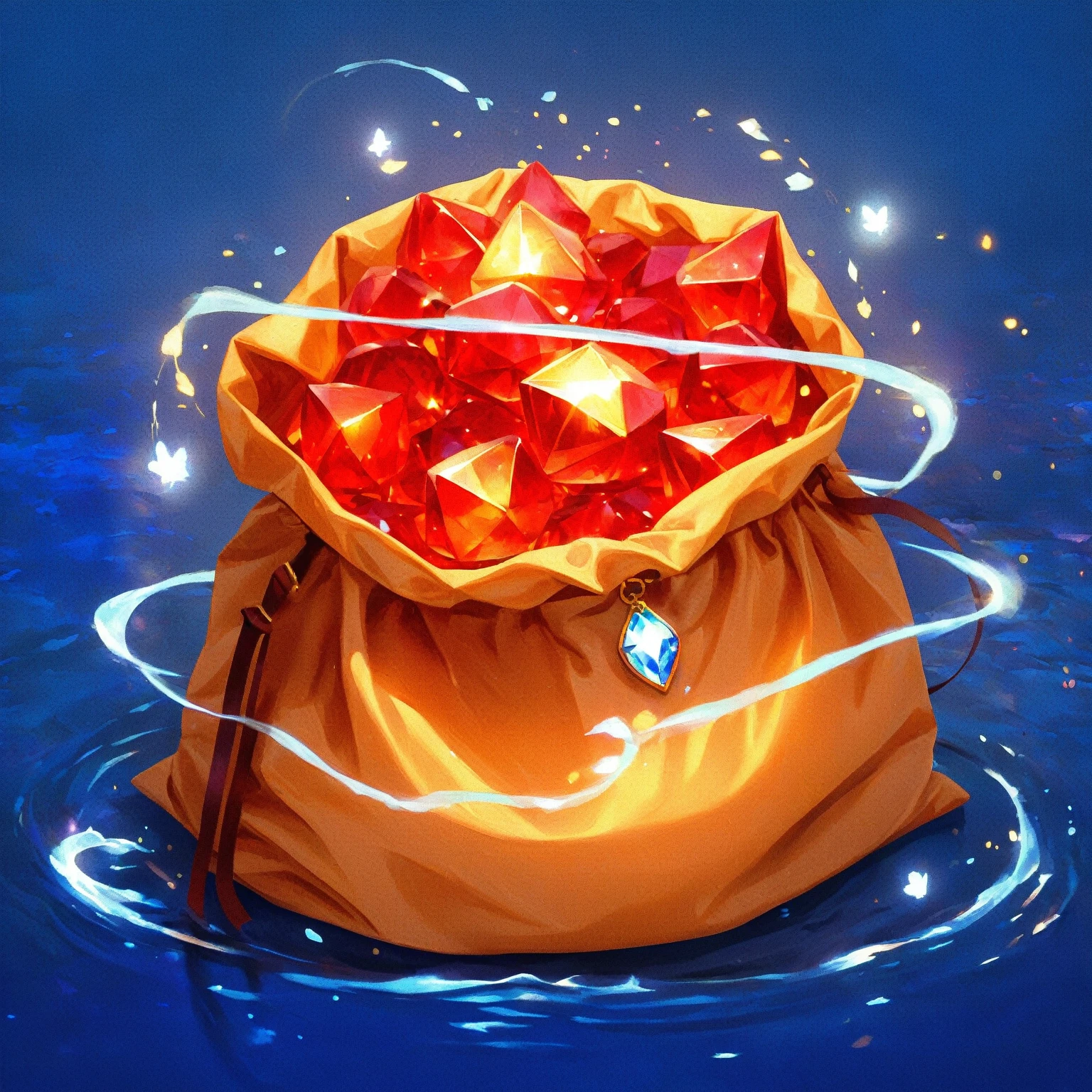 digital painting, mmorpg, Warm colors, cute style, medieval game, glowing effects in the background, glow effects, colorful, No characters, no characters, cute style, anime style, holiday, bag of rubies, sack, Rubies, Award, stands on the water, circle effects, Magic