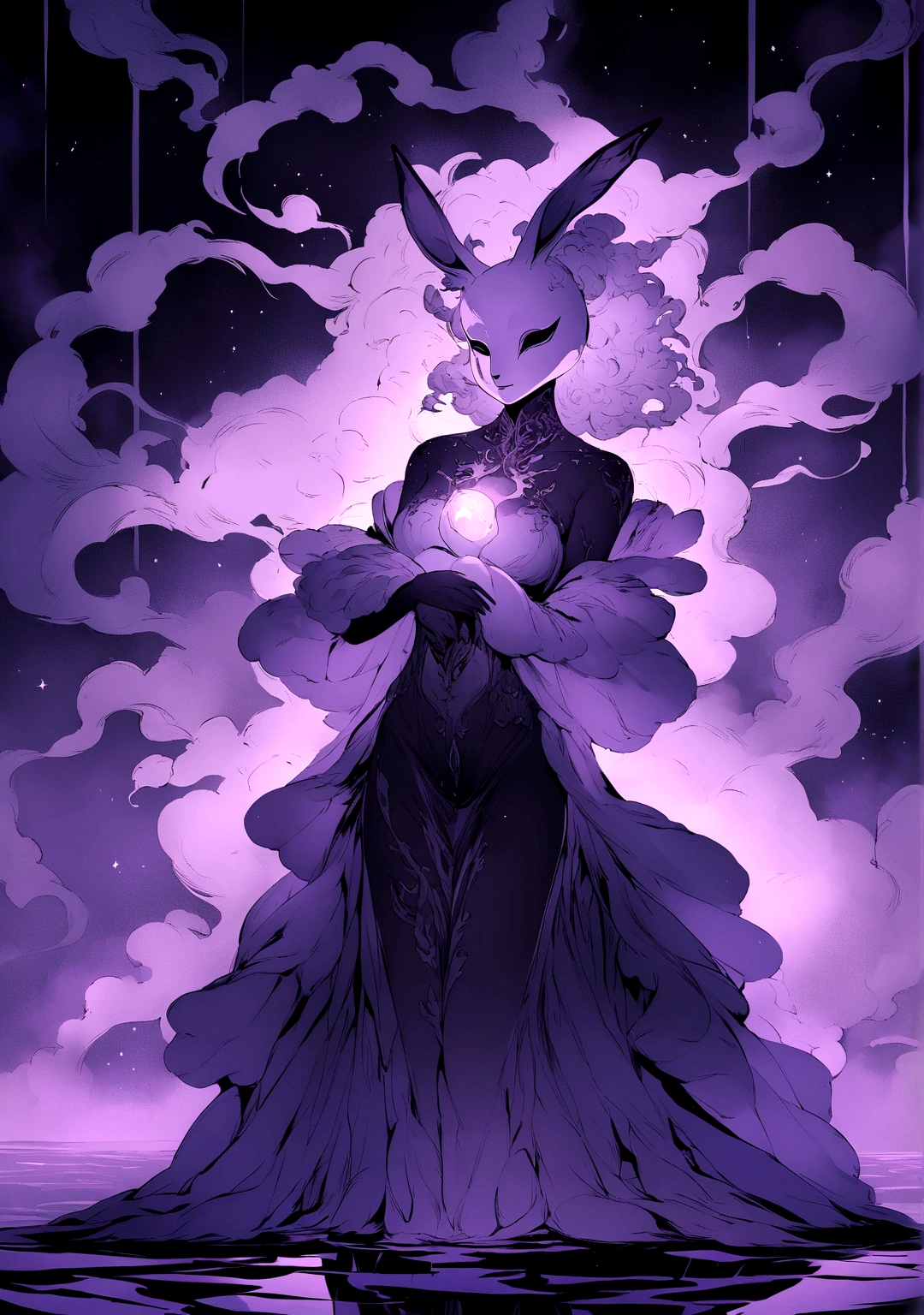 “A realcartoon style of digital artwork featuring a mysterious woman. The figure's face is partially covered by sm“A surrealistic cartoon-style digital artwork featuring a mysterious woman. The figure's face is partially covered by smoke that forms an ethereal rabbit mask. Their surroundings are filled with mist and subtle reflections, emphasizing the dreamlike fusion of human form and smoke elements. The lighting should be cinematic, producing dramatic shadows and highlights. The background is a thin mist that forms the face of a transparent rabbit with a scar on its face." 🌟✨oke that forms a transparent rabbit mask. Their surroundings are full of mist and subtle reflections, emphasizing the surreal blend of human form and smoke elements. The lighting should be cinematic, producing dramatic shadows and highlights. The background is mysterious and mystic smoke in the dark." 🌟✨