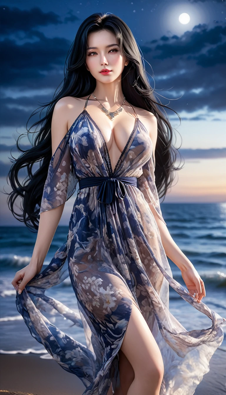 4K resolution,8K resolution,beautiful,Highest quality,Absolutely wonderful,Very detailed,Ultra-high resolution,masterpiece,Realistic,Realistic,Increased depth of field,Cinematic Light,
One elegant mature woman,
Long black hair,精巧なディテールのbeautiful顔,Moist eyes,Sensual look,Transparent white skin,Very sensitive skin,Great proportions,Glamorous Body,Anatomically correct body,
Elegant Summer Beach Dress,Summery design,Beautifully detailed pattern,Detailed cloth texture,Gorgeous necklace romantic seaside scenery,Dark night sky,Coastline stretching to the horizon,Deserted beach,Dark sea surface,
Cinematic Angle,