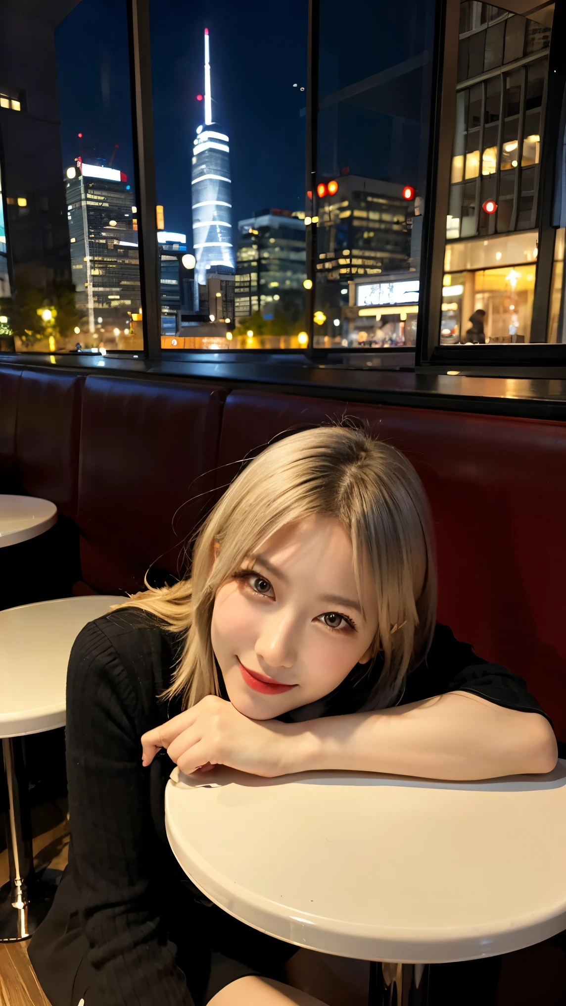 highest quality, masterpiece, 8K, ultra high resolution, (realistic: 1.4), beautiful face, symmetrical eyes, European, white hair, smile, wearing makeup, high-definition images, atmospheric perspective, super detail, accurate, best quality, (angle from under the table), an European lady, drooping eyes, sleepy face, blush, in the city, busy, skyscrapers, skirt, high boots, necklace, restaurant with large windows, takes a seat, (other customers), night scene, windows have harbor view, foods,