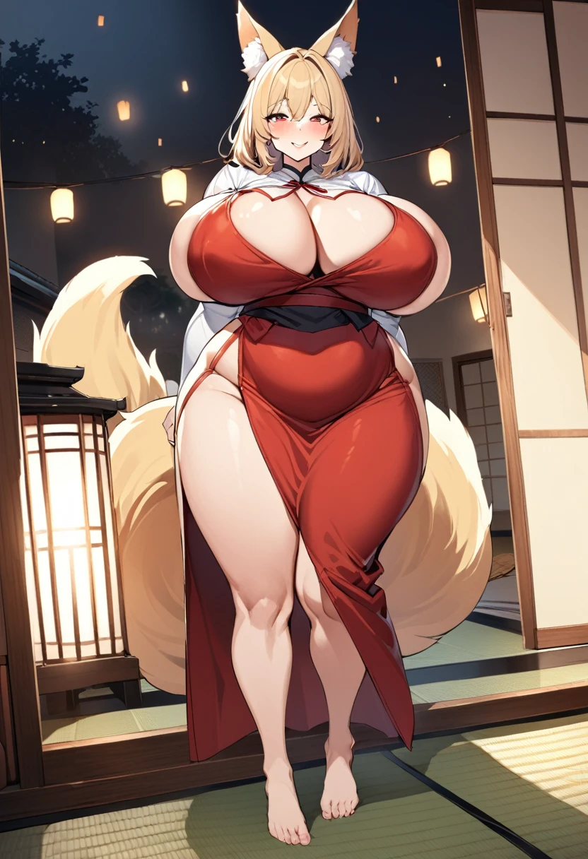 One girl, Mature Woman, Mature Woman, Japanese-style room、Tatami room、Sliding doors、Dark room、 plump, Voluptuous body, Huge breasts, Saggy breasts, Wide Hips, White priestess uniform, barefoot, Cleavage, Are standing, Blonde Nine Tails, smile, Short blonde, Red eyes, at night, 8K, masterpiece、milf、Fox Ears、Lantern、Red Apron、Welcome、Sexy look