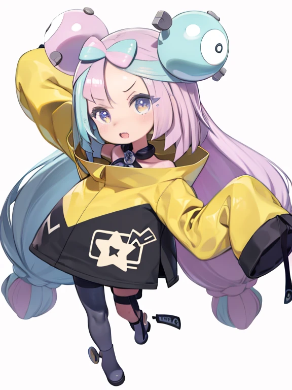 Front view、One Girl、Simple Background、(Chibi Character、Nendoroid、Big Head、Big eyes、four-headed body)、iono1, long hair, yellow jacket, long sleeves, hair ornament、laughing、Watching the audience、Open your arms、slouch、Flat Color、