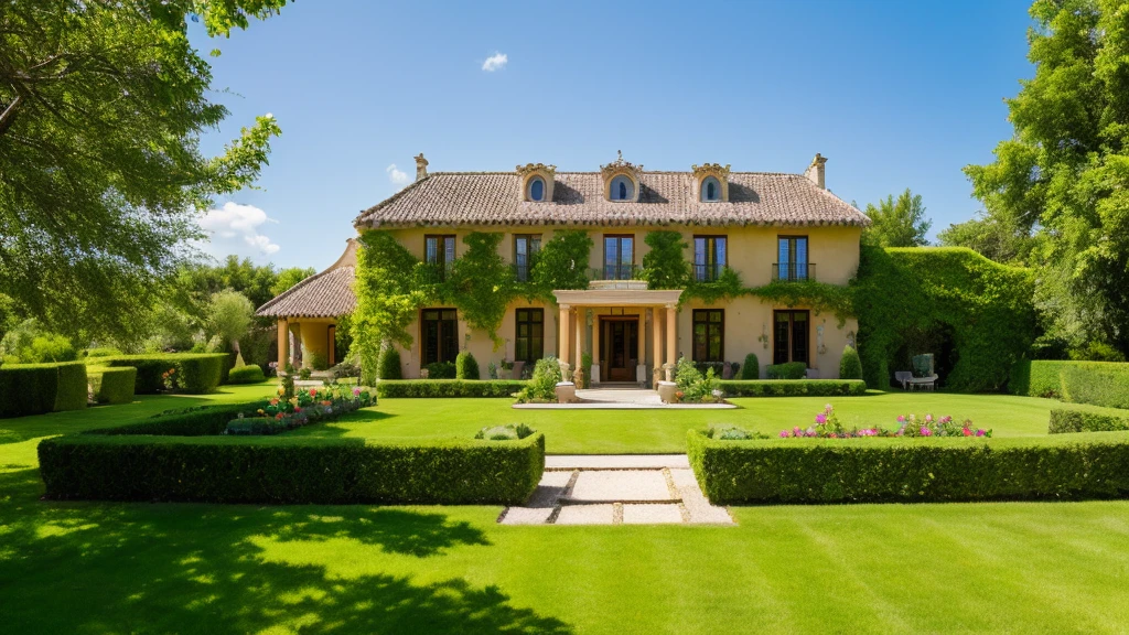 Luxurious country house with garden, Mexican style on a striking summer day with blue sky. nature, Beautiful residential area house. a young girl in the garden, Real Estate. - High Resolution Image
