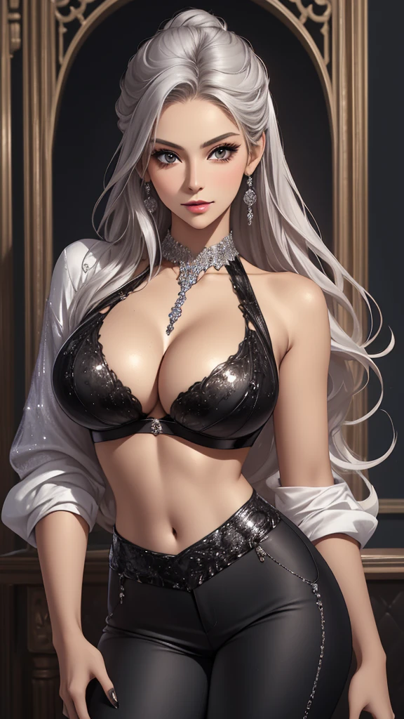 Best quality, masterpiece, realistic, Beautiful sexy cool tall, slim, fit woman, wearing fancy silver-white sequin cropped top and black pants, intricate and highly detailed, cleavage, long silver hair, body chain, jewelry, perfect breasts, cleavage