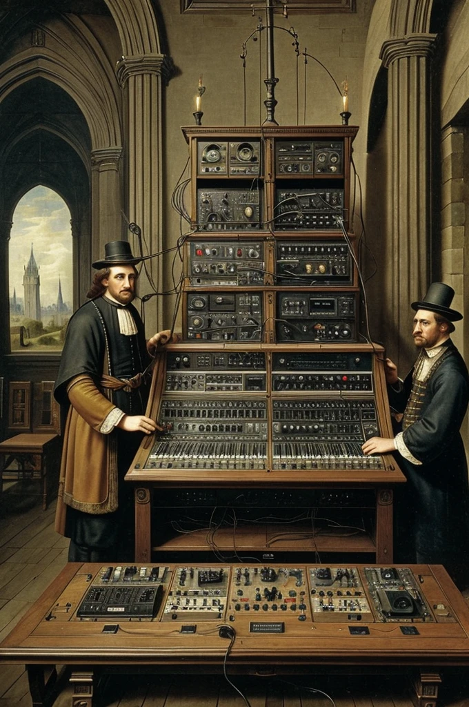 antique image of a big rack full of controls, gadgets, lights and wires and  three men playing a synthesizer, with only one castle in the background, hieronymus bosch style, three men, huge console full of controls and wires, masterpiece