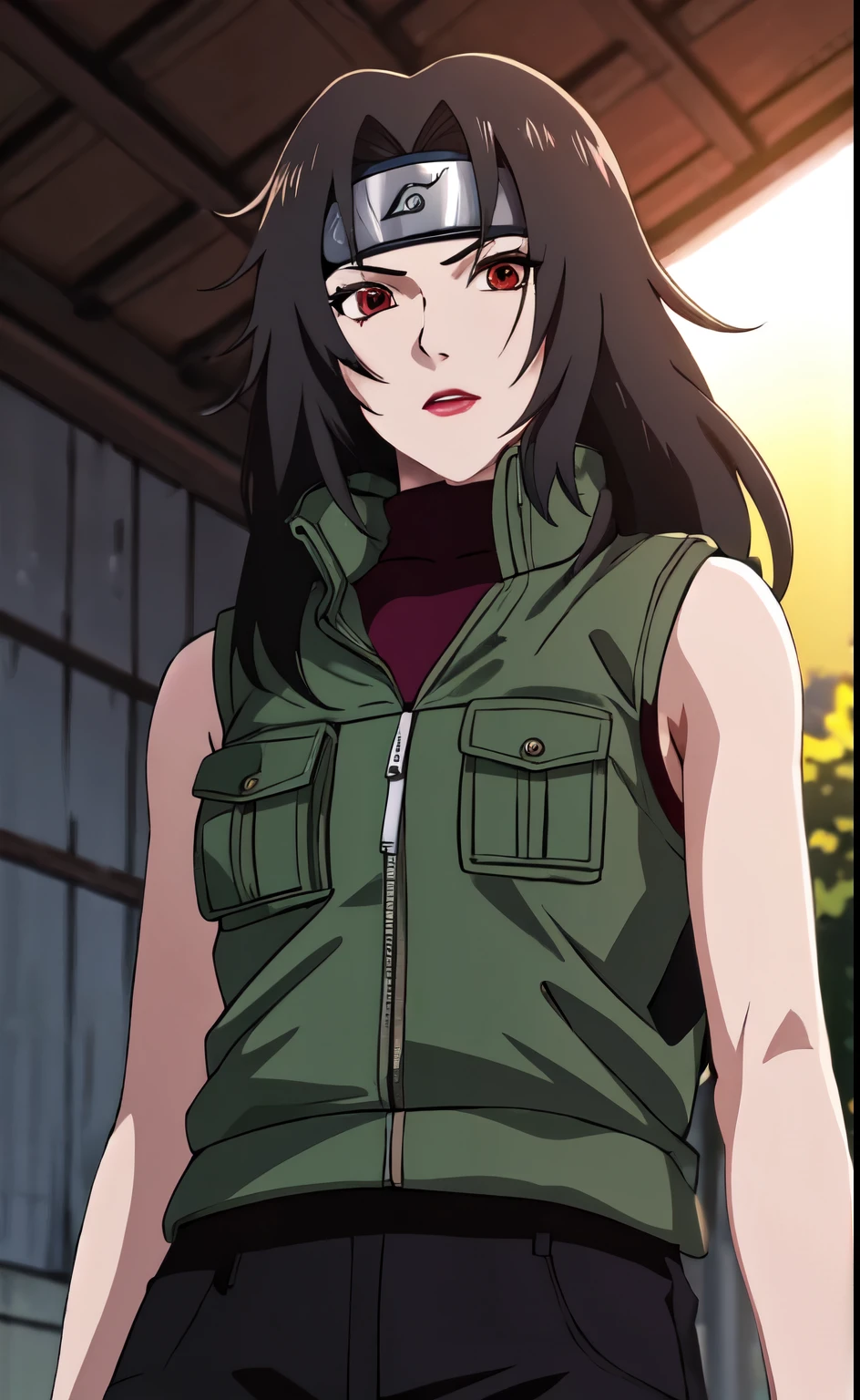 outdoors, lens flare, depth of field, bokeh, vanishing point, solo, looking at viewer,((masterpiece, best quality)), BREAK 
GreenJacket_KurenaiYuhi_ownwaifu,
1girl, black hair, forehead protector, long hair, konohagakure symbol, red eyes, headband, makeup, lipstick, holding kunai, blood splashed
ninja, sleeveless, vest, green vest, pants, sleeveless jacket, thigh pouch,
(contrapposto, looking back:0.8)insaneres, absurdres,