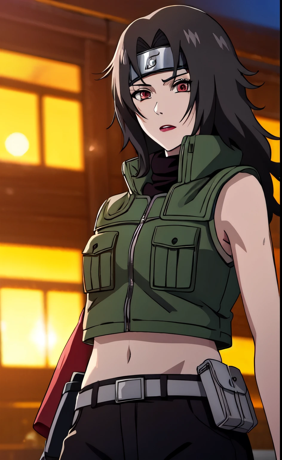 outdoors, lens flare, depth of field, bokeh, vanishing point, solo, looking at viewer,((masterpiece, best quality)), BREAK 
GreenJacket_KurenaiYuhi_ownwaifu,
1girl, black hair, forehead protector, long hair, konohagakure symbol, red eyes, headband, makeup, lipstick, holding kunai, blood splashed
ninja, sleeveless, vest, green vest, pants, sleeveless jacket, thigh pouch,
(contrapposto, looking back:0.8)insaneres, absurdres,