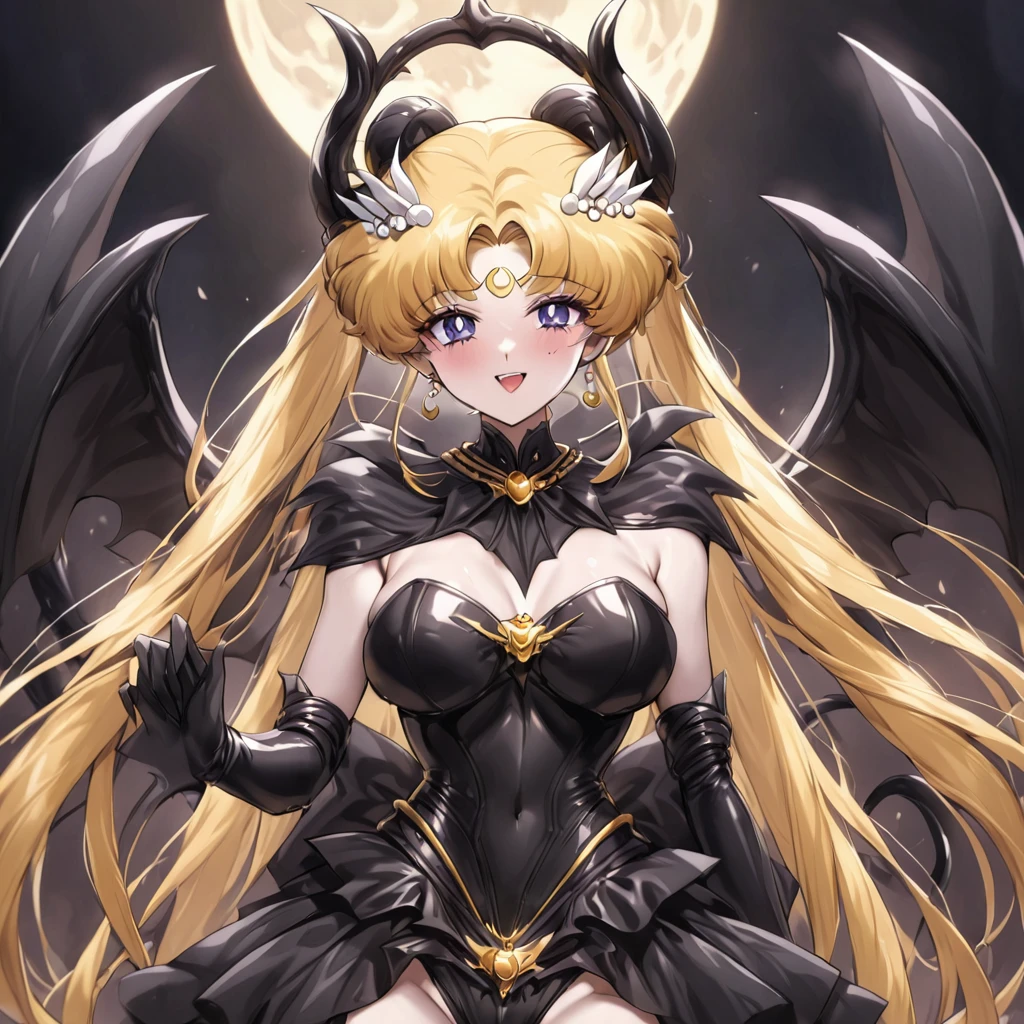 ((Highest quality)), ((masterpiece)), (detailed), (Perfect Face)、The woman is the demon queen princess Serenity, the queen of darkness having sex with the demon king, and the woman is the jet black, sexy demon princess Serenity、The woman is a jet-black female demon with magnificent devil horns, jet-black devil wings, and a jet-black tail. Her skin is jet-black, and she has a black moon mark on her forehead. She is a devil bride wearing a luxurious black gothic Victorian wedding dress and a black wedding veil. She is the jet-black demon Princess Serenity, and has blonde hair with a happy expression as she looks at the camera.2The expression of a girl in love with her long hair tied up、She is Princess Serenity、Punishment pose on behalf of the moon