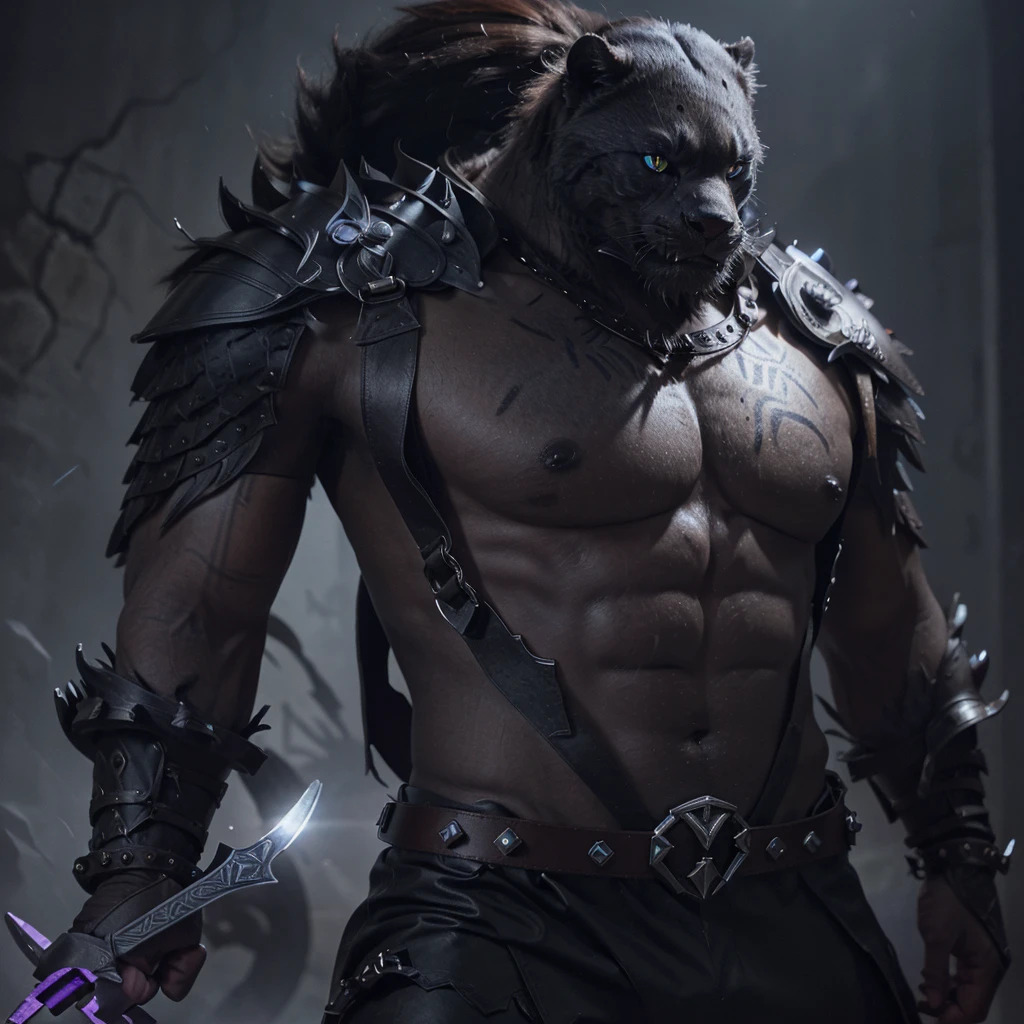 Game character standing drawing design，gnoll，cunning，With a knife，Fighting posture，（full bodyesbian：1.4），solid color backdrop，clean backdrop，depth of fields，high light，Real light，Ray traching，OC renderer，UE5 renderer，Hyper-realistic，best qualtiy，8K，Works of masters，super-fine，Detailed pubic hair，Correct anatomy，a panther warrior with black and brown leather armor and crystal daggers in his hands and a piercing gaze with brilliant violet eyes