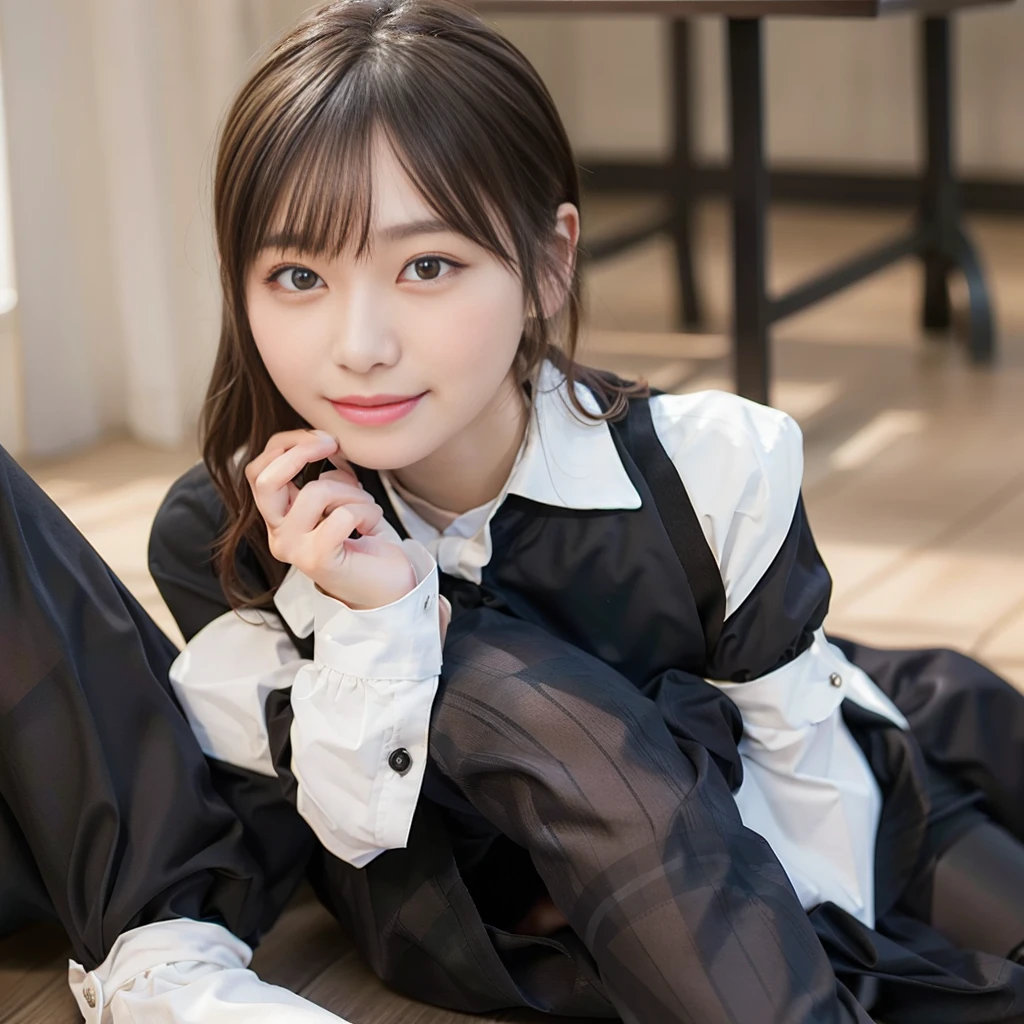 In 8K,Highest quality:1.4, Ultra-high resolution:1.5, (Realistic:1.4),masterpiece:1.2,(Highest quality:1.4)、 RAW Photos、 (The background is blurred),  1 Japanese girl, cute, (alone:1.4), (A shy smile), Smooth Skin、 (Brown medium hair,bangs),Nogizaka,Flexible fingertips,Beautiful dark eyes、dual、Natural skin texture:1.3, Realistic eye and facial details:1.7、Mid-breasted、Daytime、Tight ass:1.5、Staring at the audience,photographer５Step back, Hilarious,(Maid:1.2),bow,Long sleeve, Black sleeves,(Black checked long tights:1.5),Maidの頭飾り,Maid apronl,cafeteria,Upper Body:1.8,(Fine hair:1.1), (Fine grain:1.1)