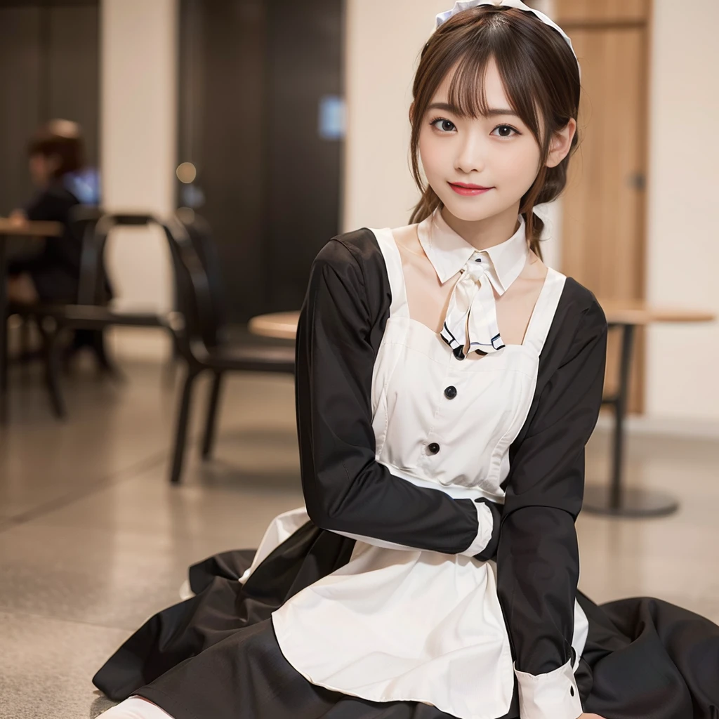 In 8K,Highest quality:1.4, Ultra-high resolution:1.5, (Realistic:1.4),masterpiece:1.2,(Highest quality:1.4)、 RAW Photos、 (The background is blurred),  1 Japanese girl, cute, (alone:1.4), (A shy smile), Smooth Skin、 (Brown medium hair,bangs),Nogizaka,Flexible fingertips,Beautiful dark eyes、dual、Natural skin texture:1.3, Realistic eye and facial details:1.7、Mid-breasted、Daytime、Tight ass:1.5、Staring at the audience,photographer５Step back, Hilarious,(Maid:1.2),bow,Long sleeve, Black sleeves,(Black checked long tights:1.5),Maidの頭飾り,Maid apronl,cafeteria,Upper Body:1.8,(Fine hair:1.1), (Fine grain:1.1)