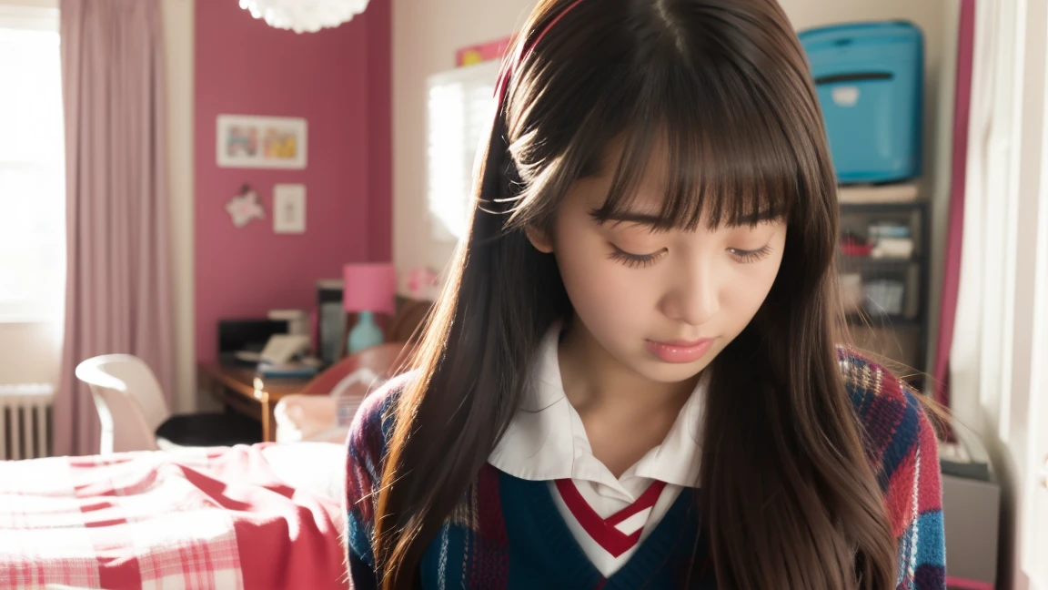 A surprised high school girl in her room, looking at her cell phone