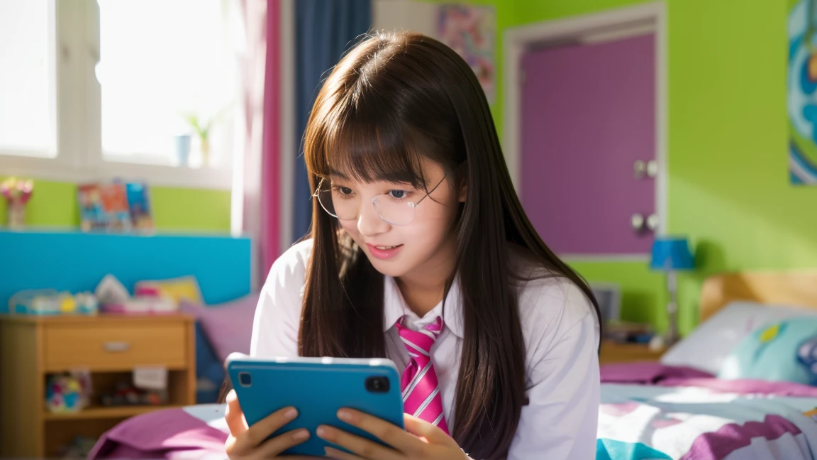 A surprised high school girl in her room, looking at her cell phone
