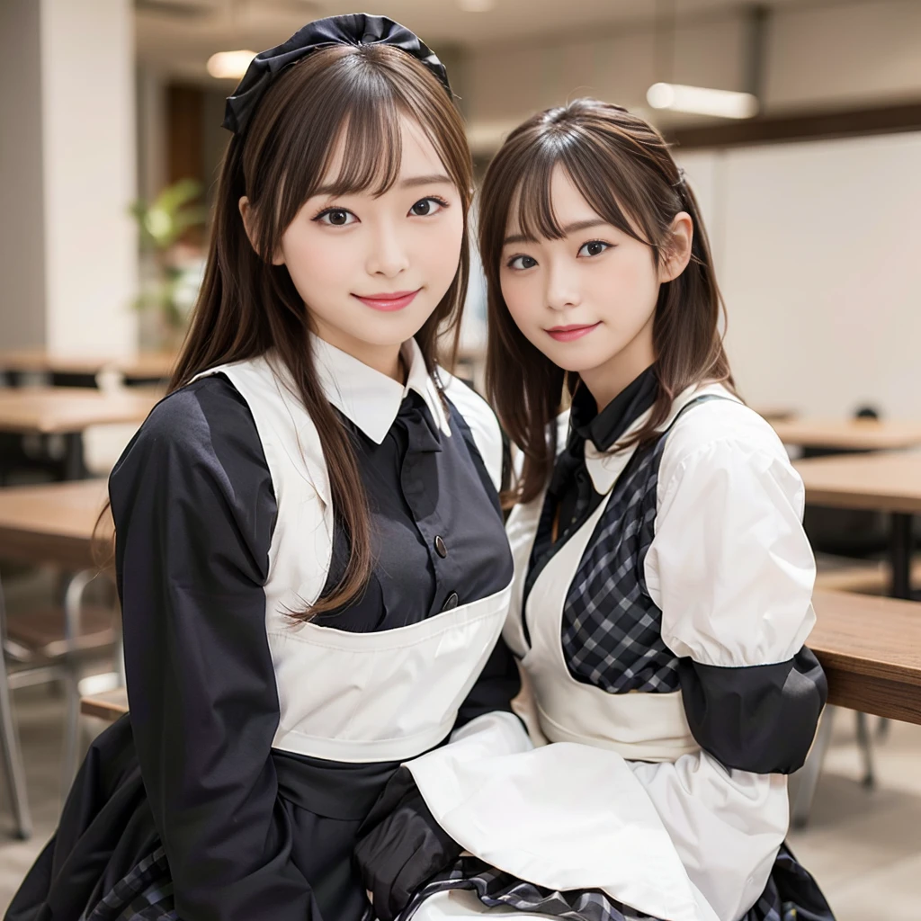 In 8K,Highest quality:1.4, Ultra-high resolution:1.5, (Realistic:1.4),masterpiece:1.2,(Highest quality:1.4)、 RAW Photos、 (The background is blurred),  1 Japanese girl, cute, (alone:1.4), (A shy smile), Smooth Skin、 (Brown medium hair,bangs),Nogizaka,Flexible fingertips,Beautiful dark eyes、dual、Natural skin texture:1.3, Realistic eye and facial details:1.7、Mid-breasted、Daytime、Tight ass:1.5、Staring at the audience,photographer５Step back, Hilarious,(Maid:1.2),bow,Long sleeve, Black sleeves,(Black checked long tights:1.5),Maidの頭飾り,Maid apronl,cafeteria,Upper Body:1.8,(Fine hair:1.1), (Fine grain:1.1)