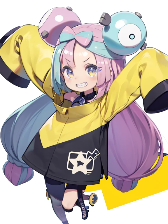 Front view、One Girl、Simple Background、(Chibi Character、Nendoroid、Big Head、Big eyes、four-headed body)、iono1, long hair, yellow jacket, long sleeves, hair ornament、((Grin))、laughing、Watching the audience、Open your arms、slouch、Flat Color、
