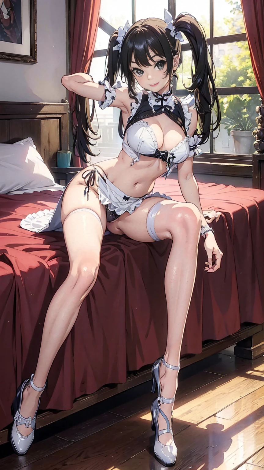 Masterpiece、Highest quality、Highest quality, (long and thin legs, shoes:1.2), Arm behind wrist, squat、Spread your legs、1 girl, (smile、Open your mouth大笑い:1.2), Cute eyes, (Detailed face:1.3)、Open your mouth, The whole face turns red, alone, Big and ample breasts, (Straight bangs, Twin tails), White maid outfit、(Side bust、Underbust)、belly button、Walking through the mansion'corridor、nsfw