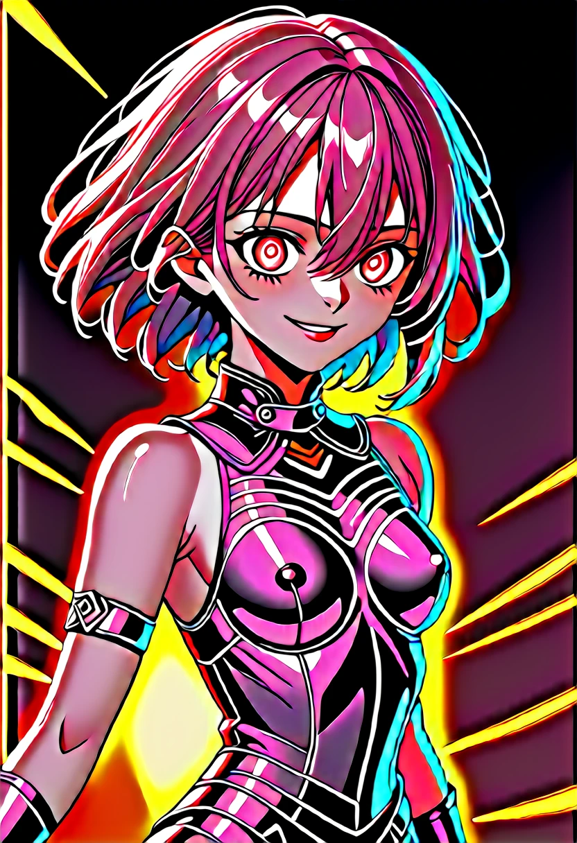 (masterpiece, top quality, best quality, official art, beautiful and aesthetic:1.2), (flat color:1.3), extremely detailed, detailed face and eyes, cinematic light, SFW, anime, depth of field,, 1girl, seducing smile, solo, official, dark armor, mash kyrielight, light purple hair, short hair, hair over one eye, smile, slim body, high resolution, (aburdres:1.4), aburd res, high quality, best quality, 8k, 4k, intricately detailed, (amazing details:1.2), highly detailed skin, (detailed eyes:1.2), striking eyes, (detailed background), (dynamic angle:1.2), (dynamic pose:1.2), (Line of action:1.2)