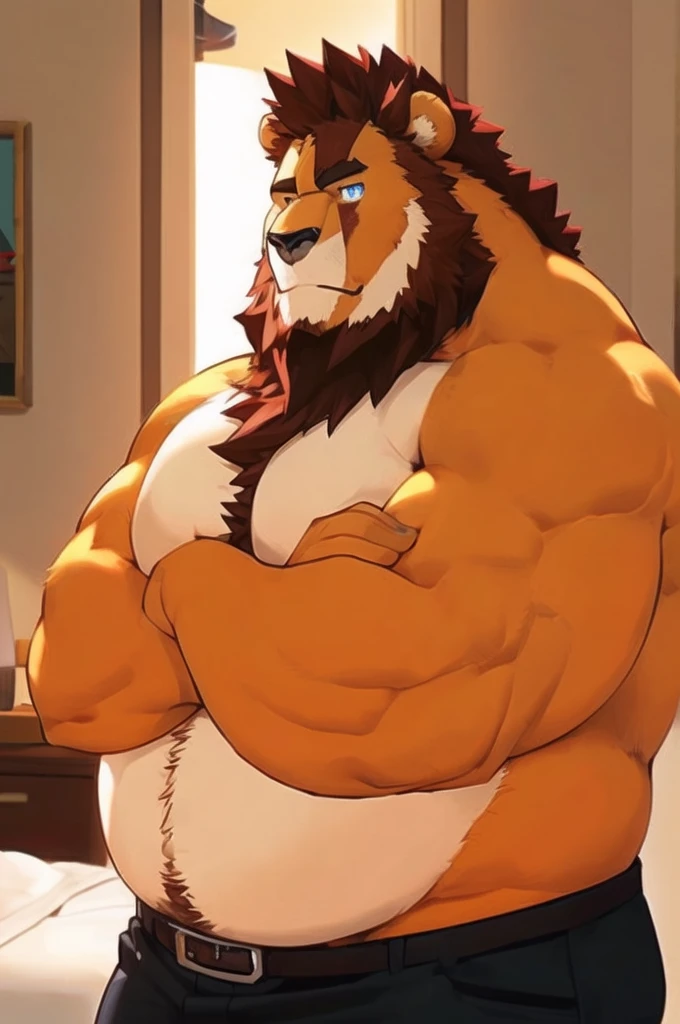 a closeup of a cartoon character with a lion on his chest, muscular werewolf, powerful and huge, well-built, pig bear man, fluffy chest, thick, hairy fluff on the neck and chest, hairy chest, Thick, muscular gigachad, exaggeratedly large physique, muscular character, supervisory winston, Making a majestic and hot pose, furry anime, SFW version