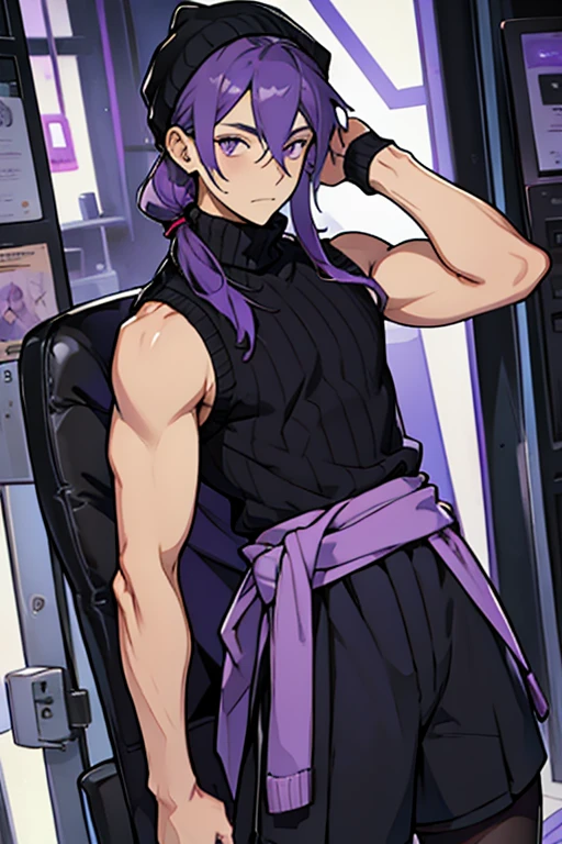 Young man purple hair black cap purple eyes pullover turtleneck sleeveless black sweater on waist with long stockings and hair clips