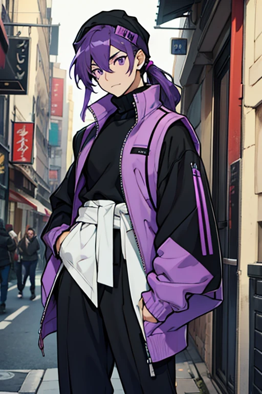 Young man purple hair black cap purple eyes pullover turtleneck sleeveless black sweater on waist with long stockings and hair clips